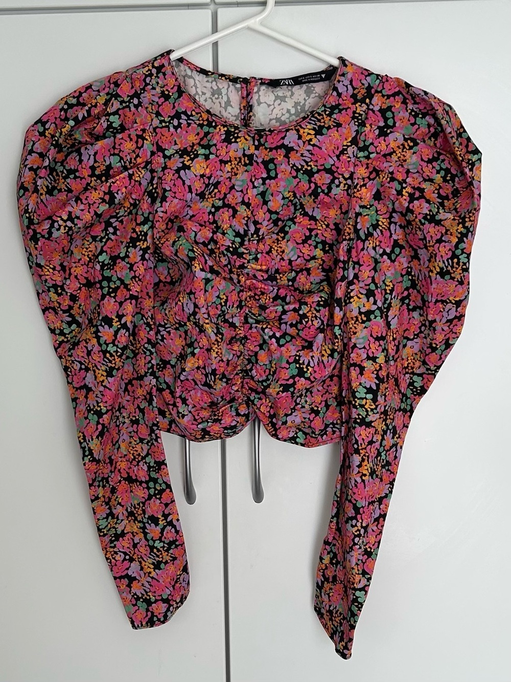 Zara Floral Poplin Puff-Sleeve Top - Dark Pink Size S - Picture 5 of 8